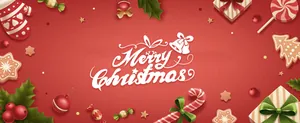 Festive red background with white Merry Christmas text surrounded by holiday ornaments