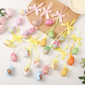 Décoration à Suspendre en Œufs de Pâques en Mousse Motif Lapin Poussin Corde Ornements de Pâques pour Maison Fête Décoration Cadeau
