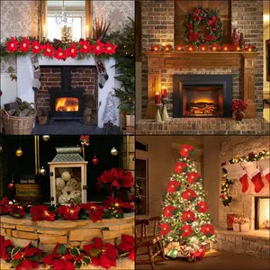 Gemütliche Weihnachtsszenen mit roten Weihnachtsstern-LED-Lichterketten an Kaminen