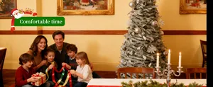 Happy family enjoying Christmas party with 1.8m pre-lit flocked tree and decorations