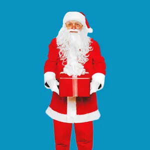 Detail view of Santa Claus costume set featuring red velvet suit and white beard