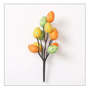 Close-up detail of colorful printed artificial Easter egg stems for festive home decor