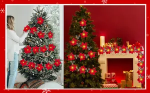Detailansicht der 2m 20LED Weihnachtsstern-Lichterkette an Weihnachtsbaum und Kamin.