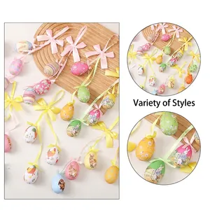 Décorations à suspendre pour œufs de Pâques avec motifs de lapins et rubans