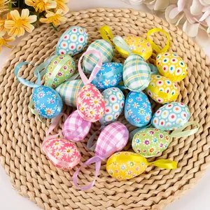 Easter Decorative Eggs Foam Fabric Wrapped Ornaments With Ribbon Floral Grid Patterns Hanging Ornaments For Home Party Festive Decor