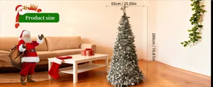 1.8m flocked foldable Christmas tree dimensions shown in a cozy living room scene