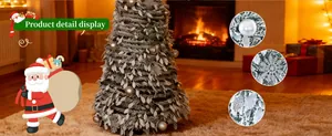 Detailed macro shots of flocked Christmas tree ornaments and warm LED lights