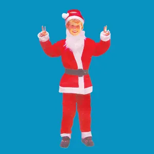 Detailed view of kids Christmas Santa Claus costume set with hat and beard on blue background