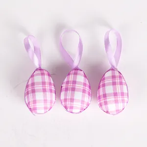 Set of three purple plaid fabric foam Easter egg ornaments with hanging ribbons