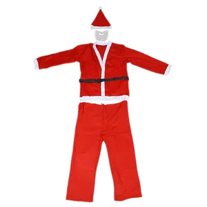 Detailed view of red Santa Claus costume set including hat, beard, top and pants