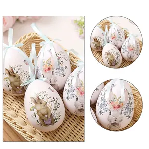 Huevos de Pascua de espuma 8x10cm con dibujos de conejitos y flores en una cesta