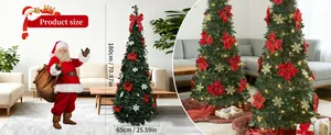 6ft foldable green Christmas tree with warm lights and red flower decorations