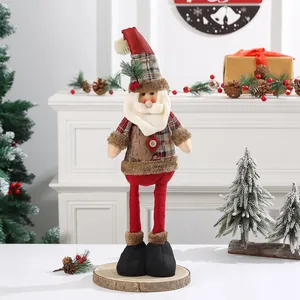 Detailed view of a Santa Claus plush doll with telescopic legs on a festive wooden base