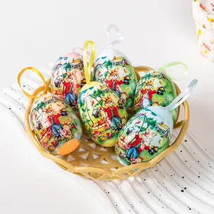 Set of 6 colorful Easter foam eggs with rabbit patterns and hanging ribbons