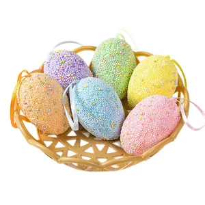Set of 6 colorful Easter foam eggs with hanging ribbons for festive home decoration