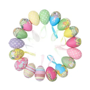 Colorful foam Easter eggs set with hanging ribbons for party decoration, circular layout.