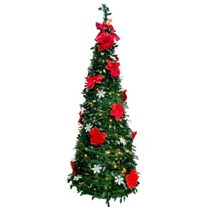 Pre-lit 1.8m foldable Christmas tree with warm lights, red flowers and snowflakes