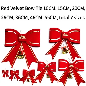 Christmas Red Velvet Bowknot Hanging Decorations with Gold Merry Christmas Letter and Bell for Christmas Tree Party Ornament Home Decor