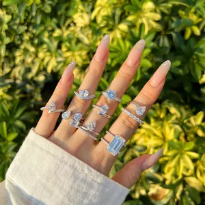 Vista detallada de anillos de plata S925 con varias formas de piedras de circón brillantes