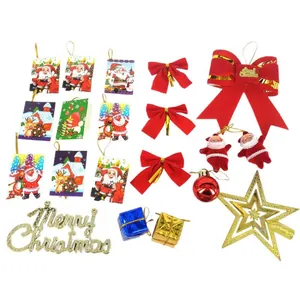 Comprehensive Christmas tree decoration set with bows, cards, and star topper