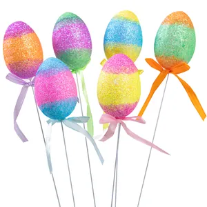 Set di stecchi di uova di Pasqua glitterate con fiocchi colorati per decorazioni DIY