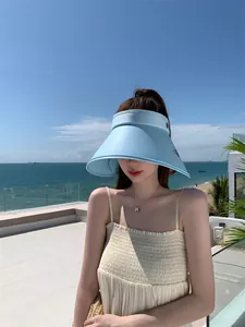 Blauwe zonneklep met brede rand voor dames met volledige UV-bescherming voor het gezicht.