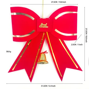 Large red velvet Christmas bow with gold trim and bell, dimensions shown 31.5x27.5 cm