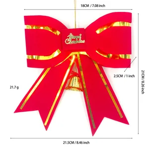 Detailed size measurements of red velvet Christmas bow pendant with golden bell and merry christmas