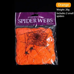 Orange dehnbare Polyester-Spinnennetz-Deko mit 2 Spinnen für Halloween-Partylayout