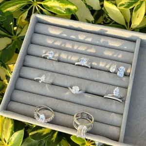 Colección de anillos de plata S925 con varios cortes de circón en un joyero de terciopelo