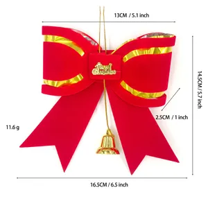 Detailed dimensions of red velvet Christmas bow with gold bell for tree decoration