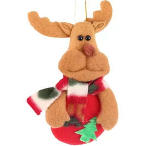 Festive plush reindeer Christmas tree hanging ornament with red scarf and tree.