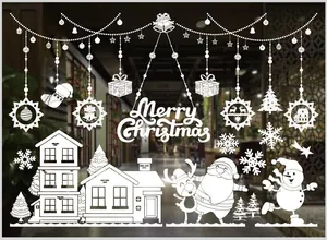 Detailed view of white Christmas static window stickers with snowflakes and Santa