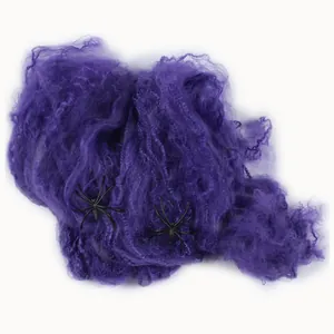 Detailansicht eines lila dehnbaren Spinnennetzes mit zwei schwarzen Spinnen für Halloween.