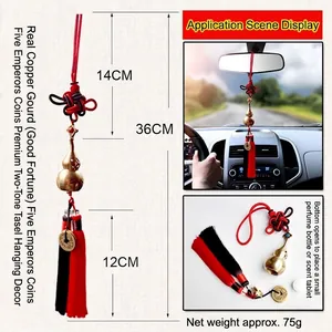 Detailed view of brass gourd car charm with size measurements and openable design.