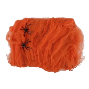 Oranges dehnbares Halloween-Spinnennetz mit zwei schwarzen Plastikspinnen für Deko
