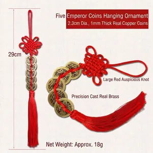 Detailed view of the 29cm Five Emperor Coins tassel with red Chinese knot and brass coins