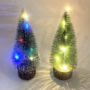 Mini Tabletop Christmas Tree with LED Lights Snow Flocked Cedar Pine Tree Wood Base Desktop Festive Holiday Decoration