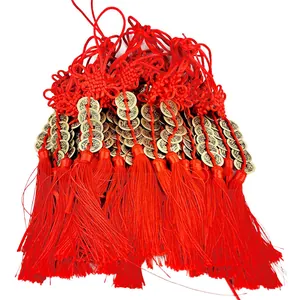Chinese Knot Five Emperor Coins Hanging Ornament Red Tassel Brass Ancient Coin Lucky Charm Traditional Lunar New Year Decor