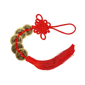 Traditional Chinese five emperor coins hanging ornament with red tassel and knot