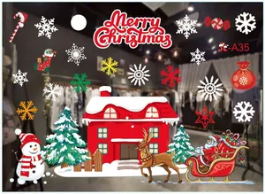 Detail showing festive Christmas window stickers including snowflakes and Santa Claus