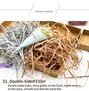 Close-up detail of double-sided glitter raffia paper filler for decorative gift boxes