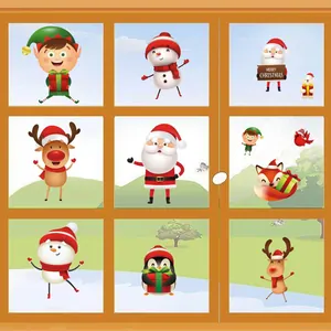 Colorful Christmas window stickers featuring Santa, snowman, and reindeer characters.