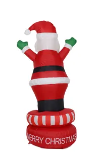 Detailed back view of an inflatable Santa Claus Christmas decoration on a red base