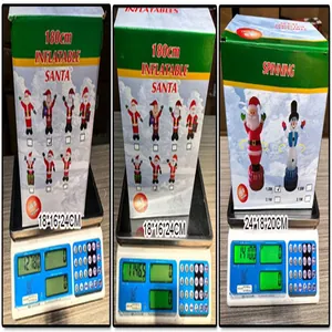 Inflatable Santa and snowman packaging shown on electronic scales for weight and size