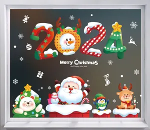 Detail of 2024 Christmas static window clings featuring Santa Claus and reindeer characters