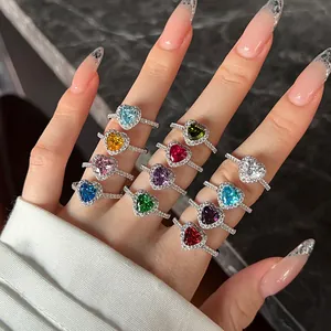925 Sterling Silber Herz Geburtsstein Ring Für Damen Zirkonia Halo Hochzeit Verlobung Personalisierte Schmuck Fingerring