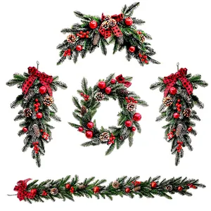 Set of festive Christmas wreaths, garlands, and swags with red berries and pinecones