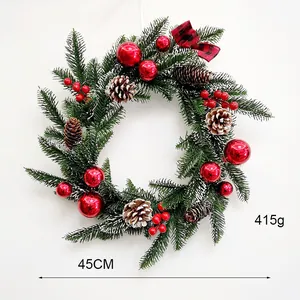 Traditional 45cm Christmas wreath decorated with red balls and pine cones, 415g weight