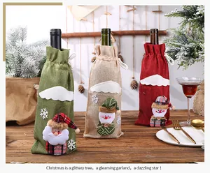 Three decorative Christmas wine bottle covers featuring Santa Claus and snowman motifs